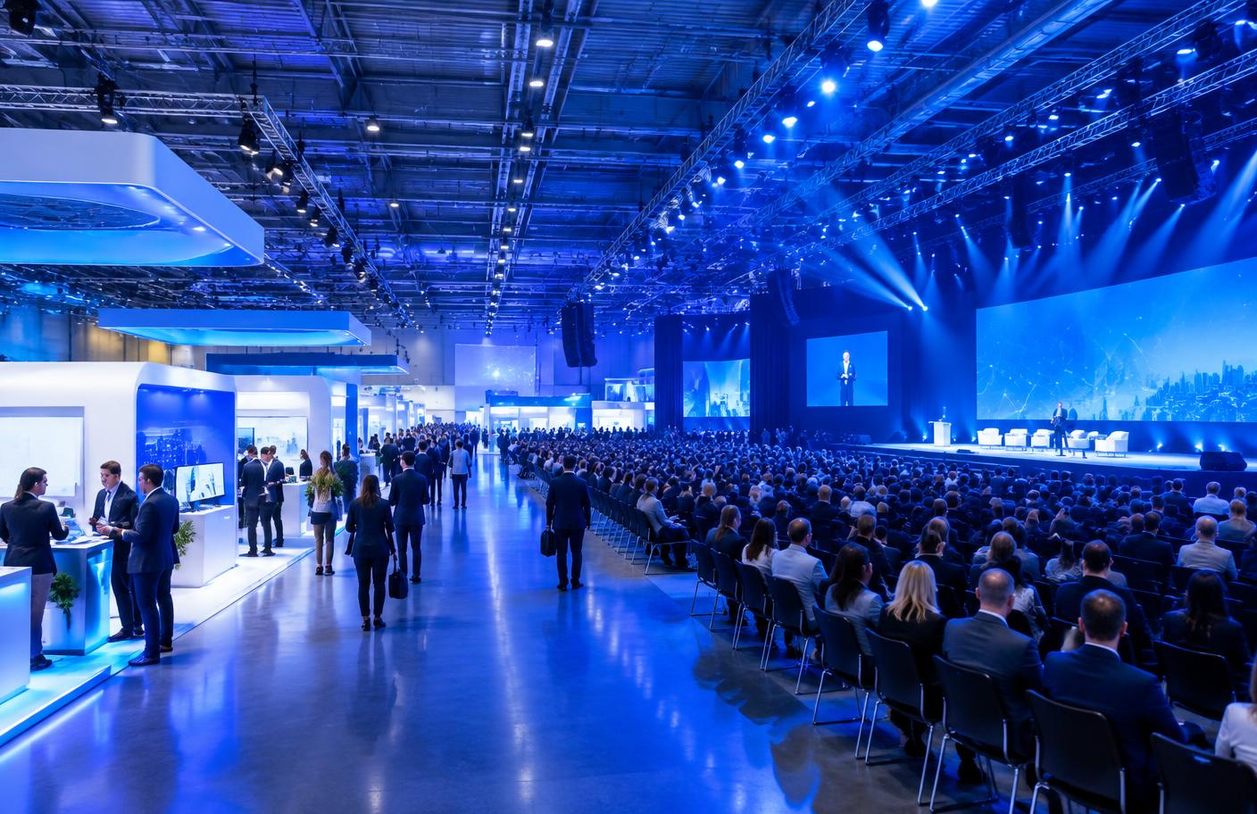 Pavilhão de feira e congresso com estandes, plateia e palco iluminado