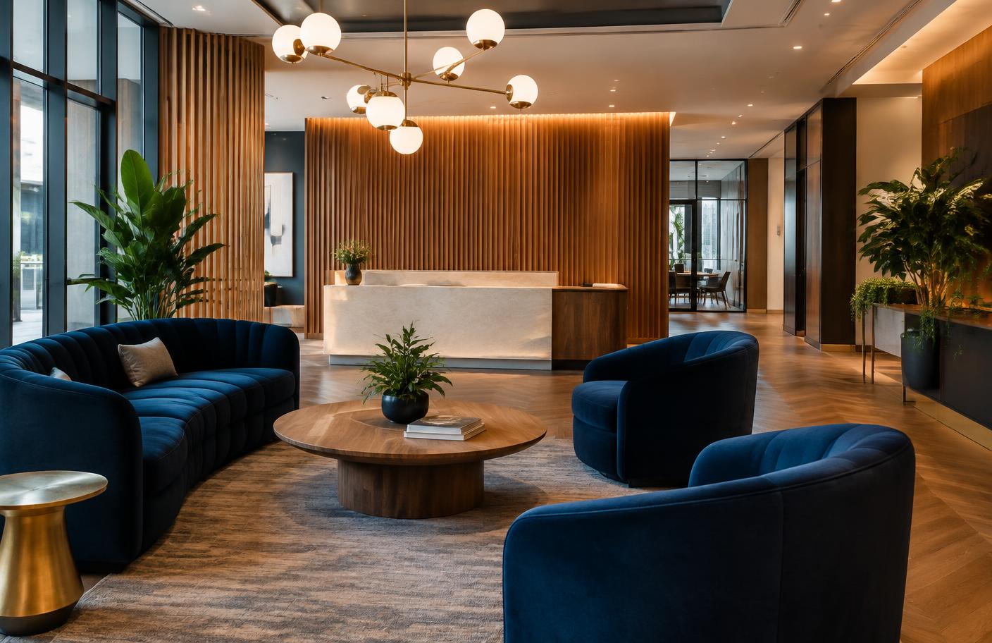 Ambiente comercial interno com recepção, poltronas azuis, revestimento em madeira e iluminação decorativa