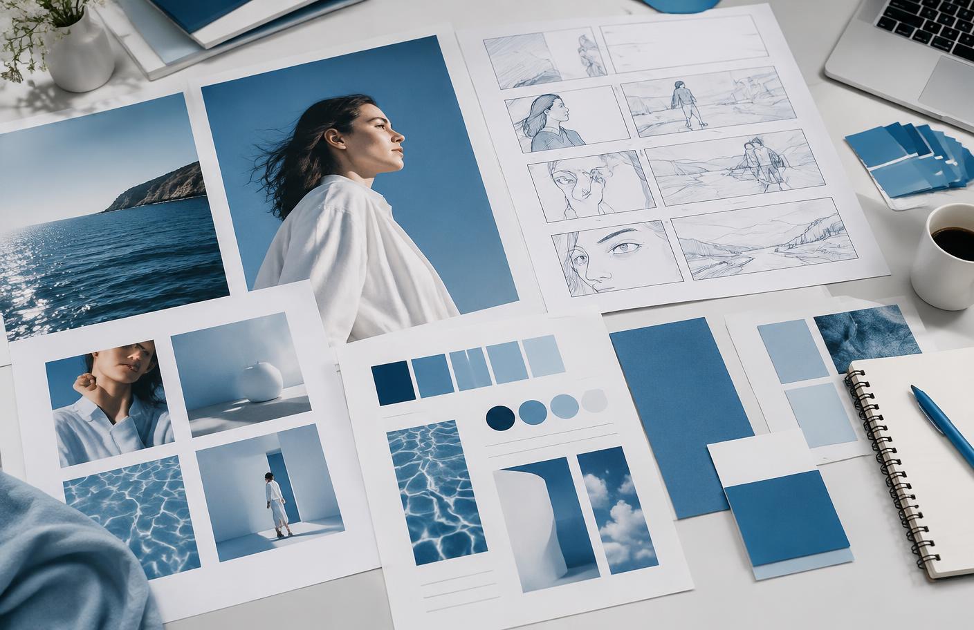 Layouts de campanha, storyboards e paleta de cores organizados sobre mesa de criação